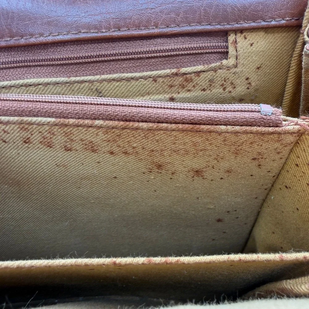 Vintage Carlo Calucci Ostrich Embossed Satchel Bag Brown Turn Lock Flap Brass